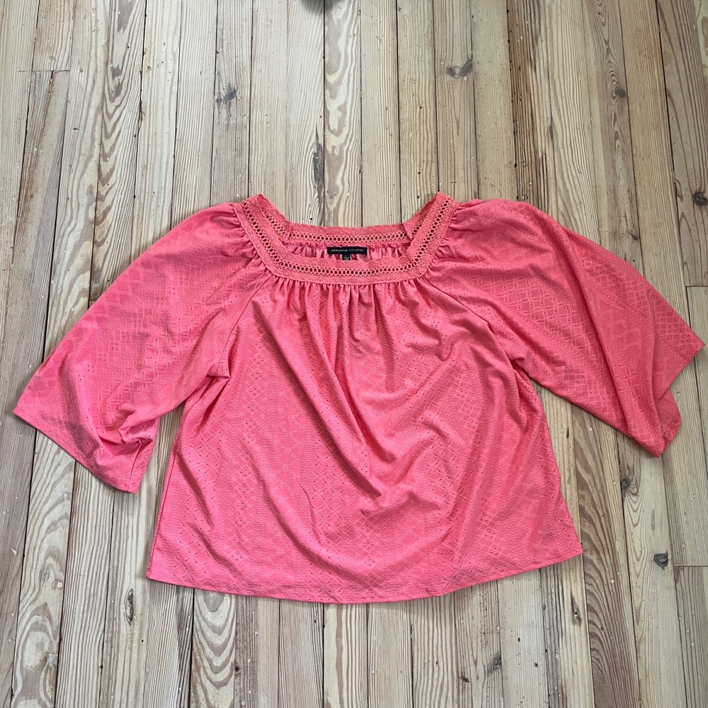 Adrienne Vittadini Blouse Womens Large Coral Pink Eyelet Lace Square Neck Top